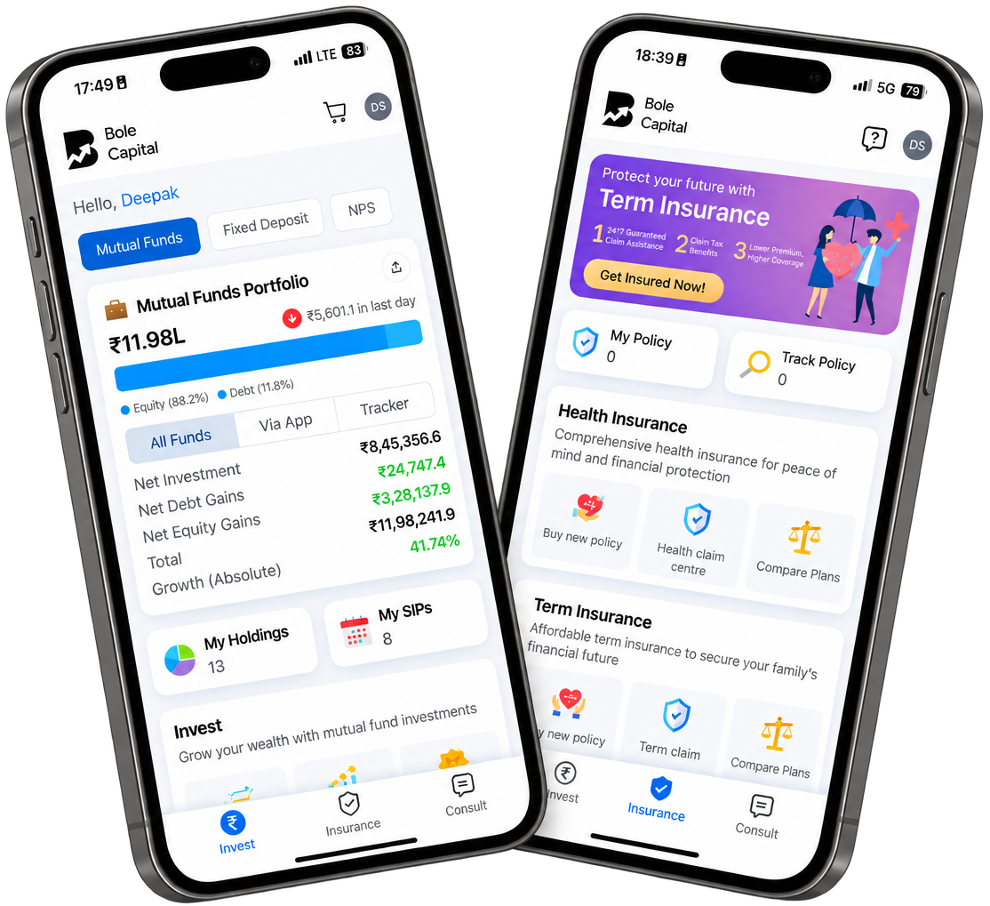 AssetPlus app showing portfolio and investment screens